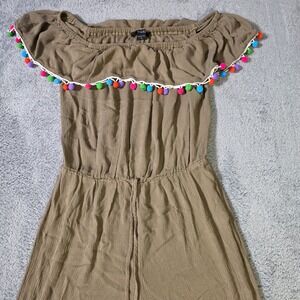 Toxik Womens‎ L Jumpsuit Olive Brown Pom Pom Trim Off Shoulder Wide Leg Rayon